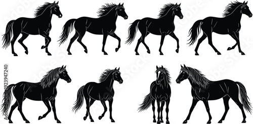 Vector illustration set of eight horse silhouettes, walking and trotting poses collection with flowing mane and tail, equine motion, anatomy, artistic design.