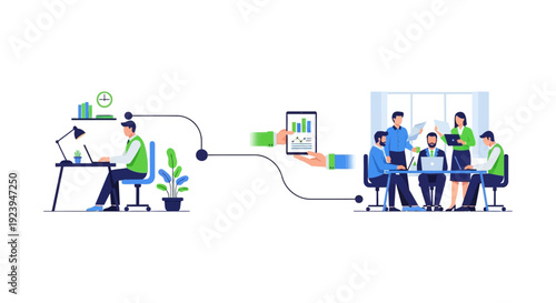 Workflow illustration of remote work, data sharing, and team collaboration for modern business