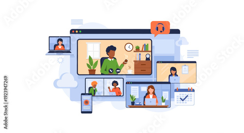 Virtual Meeting, Remote Work, and Online Collaboration Concept. Diverse Team Connecting via Video Conference on Digital Devices.