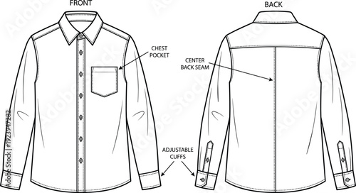 Men Long Sleeve Button Down Shirt Technical Drawing, Front and Back View Apparel Flat Sketch with Construction Details