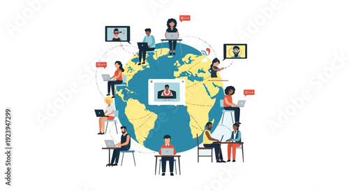 Global Remote Team Collaboration Network - Diverse Professionals Working Online with Laptops and Video Calls