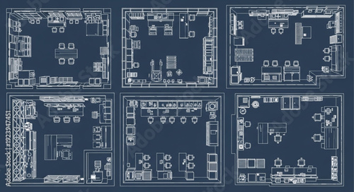 Detailed architectural blueprints showcasing various room layouts and interior designs for residential spaces.