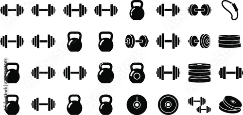 Vector illustration set of gym equipment silhouettes, dumbbells, kettlebells, barbells, weight plates, resistance bands, fitness icons, workout design, training concepts.