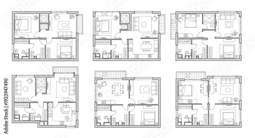 Detailed architectural floor plans showcasing various residential layouts and designs for homes.