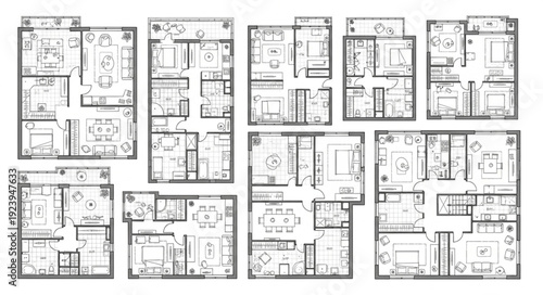 Detailed architectural floor plans showcasing various residential layouts and designs.