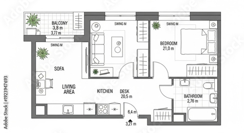 Detailed architectural floor plan of a modern apartment with various rooms and features.