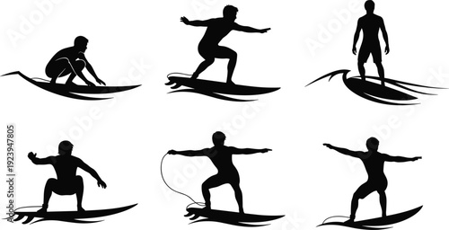 Vector illustration set of six surfer silhouettes, riding waves in dynamic poses, surfboard balance, ocean sport motion, lifestyle design, water activity concept.