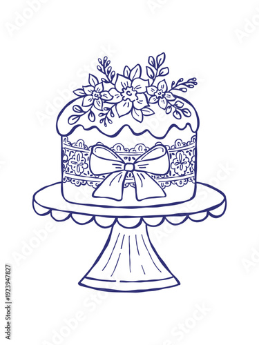 Easter cake doodle illustration. Vector hand drawn holiday pastry decorated with flowers and ribbon bow. Spring celebration food, festive cake