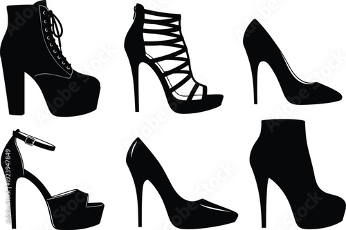 Women, high, heel, shoes, silhouette, vector, icon, set, featuring, boots, pumps, sandals, stilettos, for, fashion, design, shopping, footwear, and, lifestyle