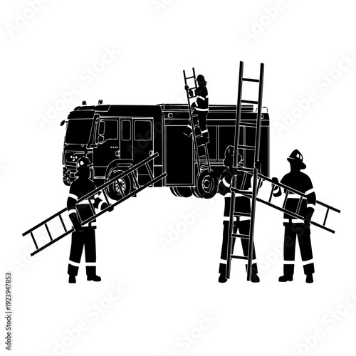 Firefighters with fire truck and ladders silhouette emergency response team rescue illustration
