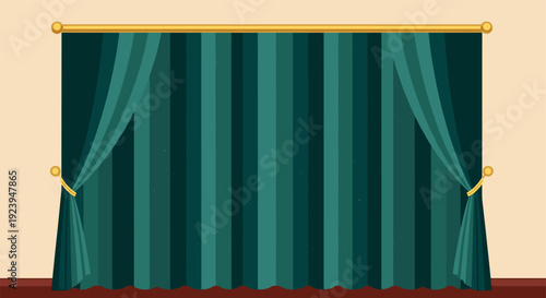 Luxurious dark teal velvet curtains with golden Art Deco accents in modern geometric style for opulent and sophisticated interior decor