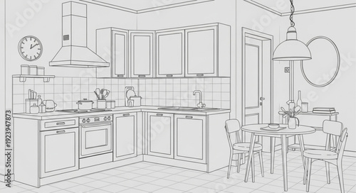 Detailed sketch of a modern kitchen design with various appliances and furniture.