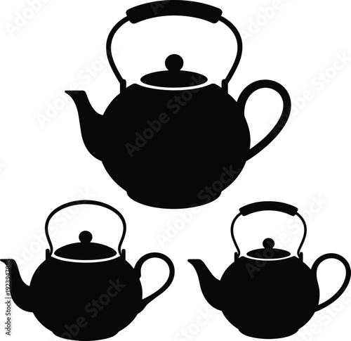 Set of classic teapot silhouettes, kitchenware for tea ceremony and traditional breakfast isolated on white background