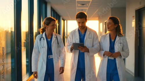 Three smiling medical professionals in white coats walk down a bright sunlit hospital corridor discussing patient data on a tablet illustrating healthcare teamwork and modern medicine