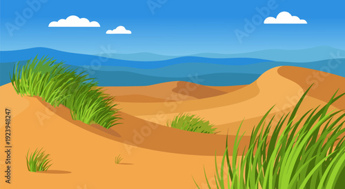 Beautiful Desert Landscape Vector Illustration with a Winding River and Cactus Under a Warm Sunset Sky