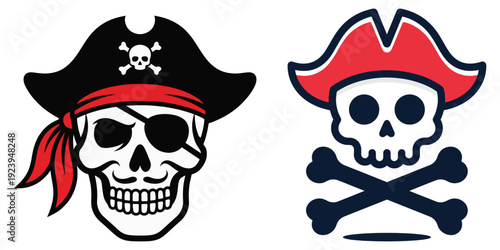 Colorful pirate skull emoji icons with eye patch, bandana and sabers, skeleton face emblems