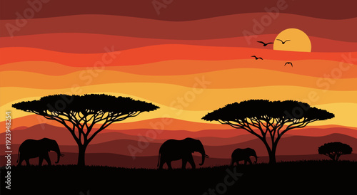 Serene African Savannah Sunset Vector Illustration with Silhouetted Elephants and Acacia Trees