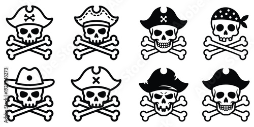 Pirate skull emoji and crossbones icons, skeleton face symbols with hats and bandanas