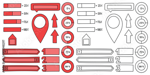 Hand-drawn cartoon and doodle set of business infographic elements on a white background.