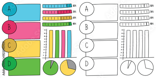 Hand-drawn cartoon and doodle set of business infographics on a white background.