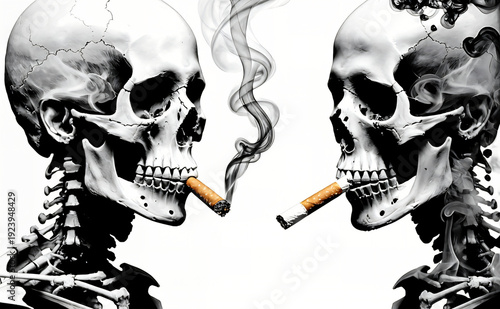 Two human skull facing each other smoking cigarettes, smoky tendrils and cracked bone texture creating ominous anti smoking scene