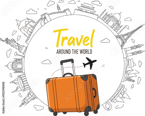 Travel around the world vector illustration featuring orange suitcase with famous global landmarks like Eiffel Tower Statue of Liberty and Taj Mahal