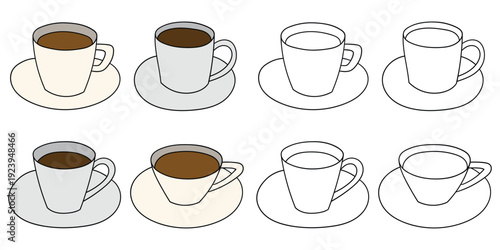 Hand-drawn cartoon and doodle set of coffee cups on saucers on a white background.