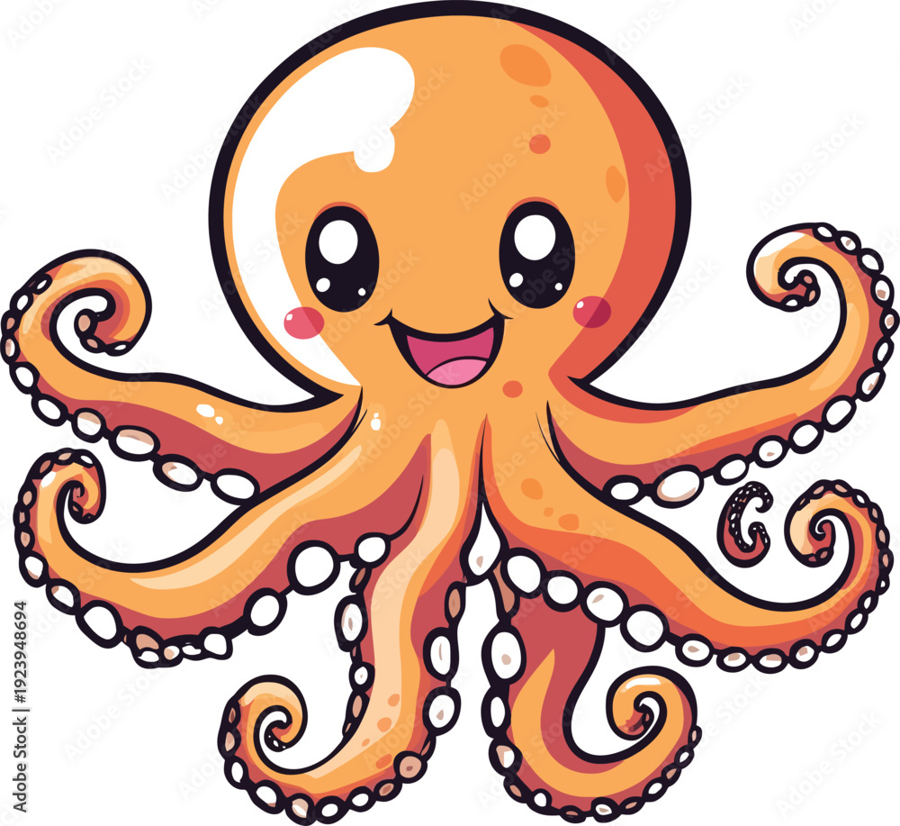 Fototapeta premium Smiling octopus cartoon character. Vector illustration. Cute sea animal mascot with orange tentacles.