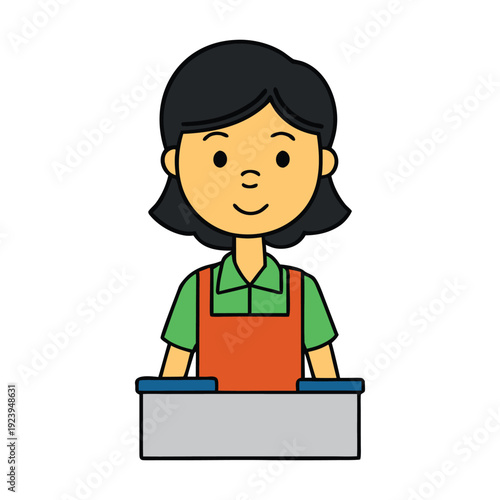 A friendly supermarket cashier girl scans items with a warm smile, helping customers quickly while keeping the checkout smooth and cheerful for everyone.
