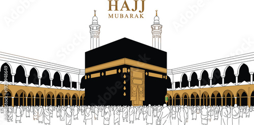 Hajj Mubarak vector illustration of Holy Kaaba in Mecca with pilgrims in Ihram performing pilgrimage during Islamic Eid al Adha season