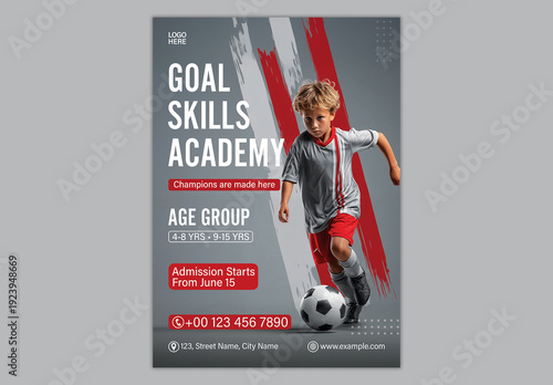 Editable Goal Skills Academy Football Training Admission Open Poster Template with Blond Boy Kid Soccer Practice in Grey and Red Theme Design.
