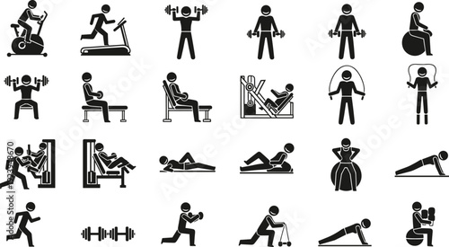Gym fitness icons set, workout stick figure collection, weightlifting, cardio exercise, bodybuilding, health training, person at gym, lifestyle, athlete, sport