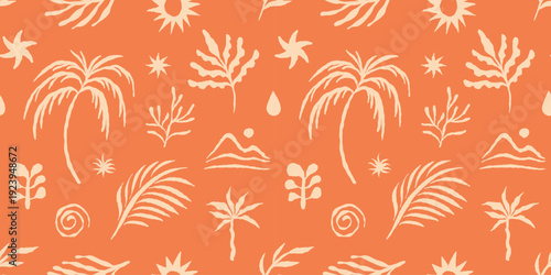 Vector summer seamless pattern in simple wavy and groovy naive style, flowers and plants, floral botanic hand drawn design backgrounds and prints,  modern art prints, surface design