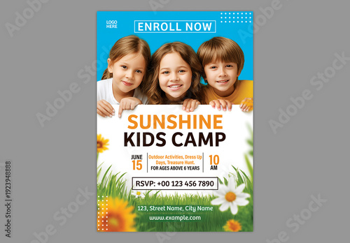 Editable Sunshine Kids Summer Camp Promotional Poster Template with Children Outdoor Activities for Holiday Program.