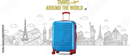 Travel around the world concept with blue suitcase and famous global landmarks outline including Eiffel Tower, 