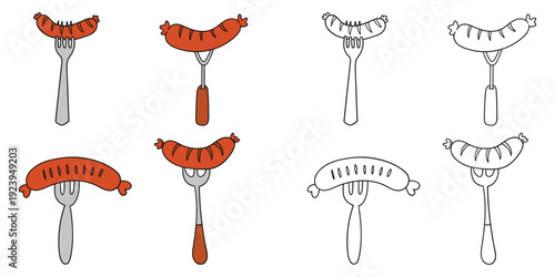 Hand-drawn cartoon and doodle set of grilled sausages on forks on a white background.