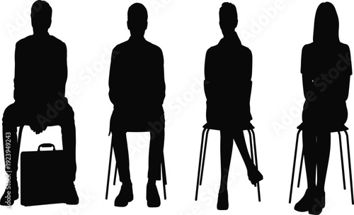 Set of professional business people silhouettes sitting on chairs, waiting for interview isolated on white background