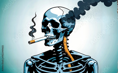 Smoking skull with cigarette emitting dark smoke illustrating deadly health impact and societal cost