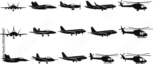 Airplane silhouettes set, aircraft vector collection, jet fighter, helicopter icons, passenger plane, aviation transport, military jet, flight, travel, aerospace, sky