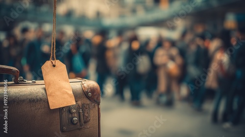 Luggage Tag Hangs From Suitcase Handle in Busy Airport With Blurred Crowd of Travelers Around During Daytime