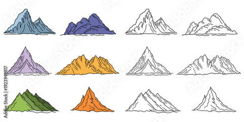 Hand-drawn cartoon and doodle set of mountains on a white background.