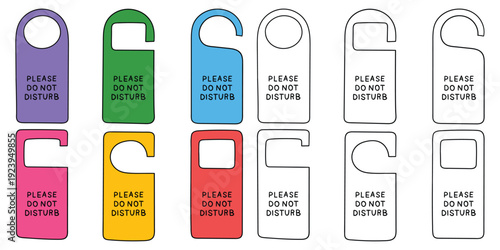 Hand-drawn cartoon and doodle set of please do not disturb door hangers on a white background.