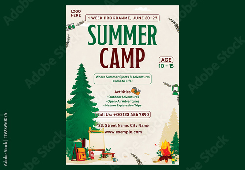 Editable Kids Summer Camp Adventure Activities Flyer Template for Advertising Design with Nature Camping Elements and Off White Background.
