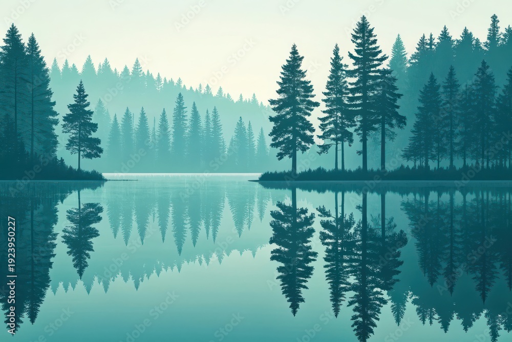 Fototapeta premium Calm lake reflecting pine trees and misty forest landscape