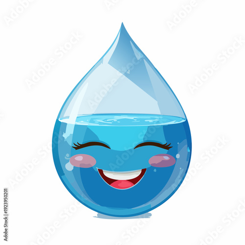 A cartoon water droplet with a smiling face and closed eyes.