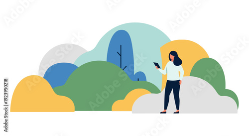 Woman Using Mobile Device Outdoors in Stylized Nature - Modern Flat Vector Illustration of Digital Connectivity and Leisure in a Serene Landscape