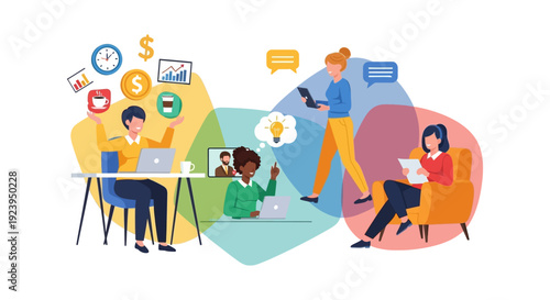 Dynamic Business Collaboration & Productivity: Diverse Team Multitasking, Innovating, and Communicating in a Modern Workflow Environment