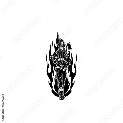 Firefighter with Axe in Flames — Brave Fire Rescue Hero Illustration