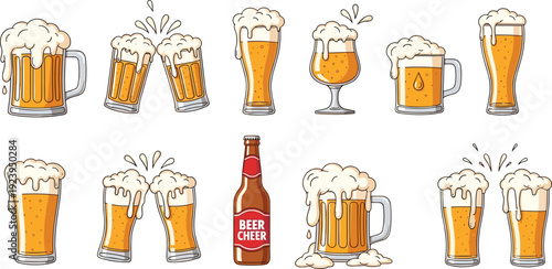 Beer glasses and mugs illustration set frothy alcohol drinks vector collection Oktoberfest pub toast celebration beverage icons isolated on white background