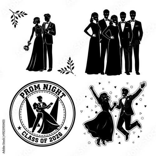 Prom night couple and group silhouette bundle with badge stamp design